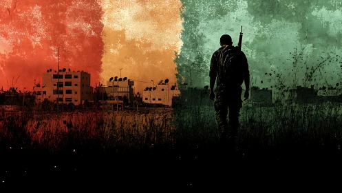 Solitary figure crossing a city divided by fading colors.