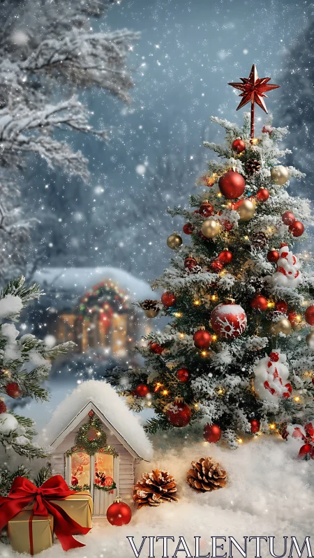 Snowy Christmas tree glow beside cozy gift cottage.