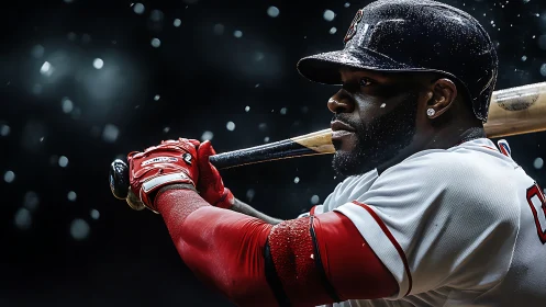 Intense baseball batter poised under stadium night lights.