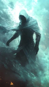 Mystic cloaked wanderer strides through swirling stormlight