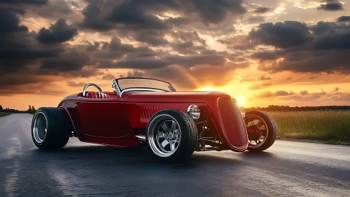Sunset cruise with a sleek red hot rod on open road.
