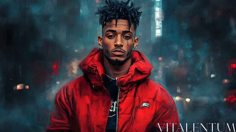 Digital portrait man in red jacket on moody night street.