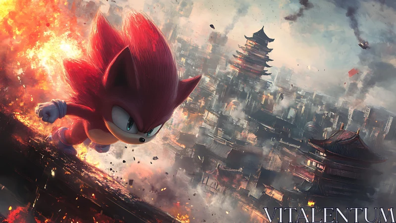 Red hedgehog sprints past burning city skyline in chaos.