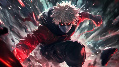 Masked cyber warrior lunges through explosive crimson shards.