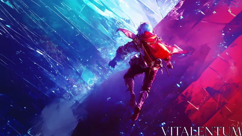 Cyber adventurer leaps through fractured neon rift portal.