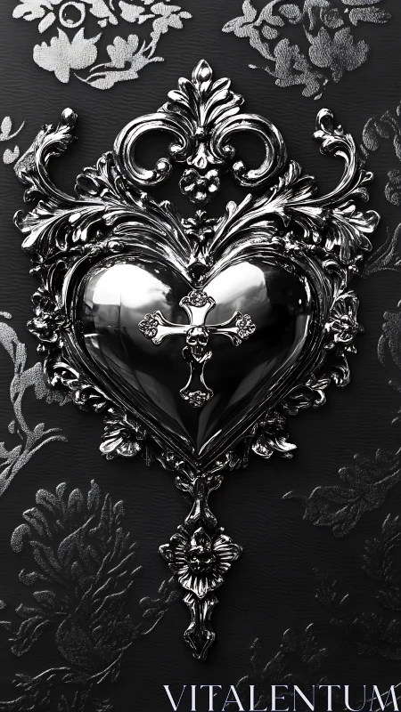Ornate Sacred Heart with Baroque Cross Pendant Black White