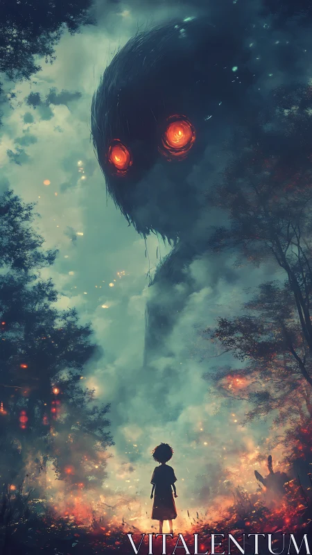 Child of embers confronts towering forest shadow sentinel.