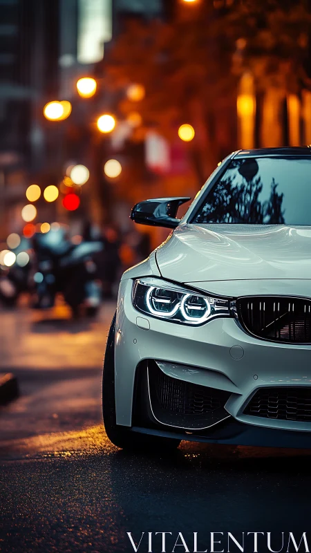 White sports sedan idles on wet city street under bokeh lights