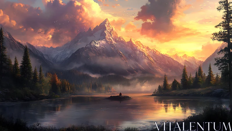 Sunset light crowns tranquil alpine lake and mountainscape.