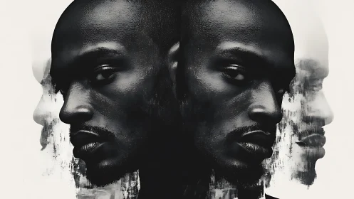 Surreal mirrored portrait of intense male face in monochrome.