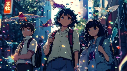 Urban anime trio under luminous birds and drifting petals