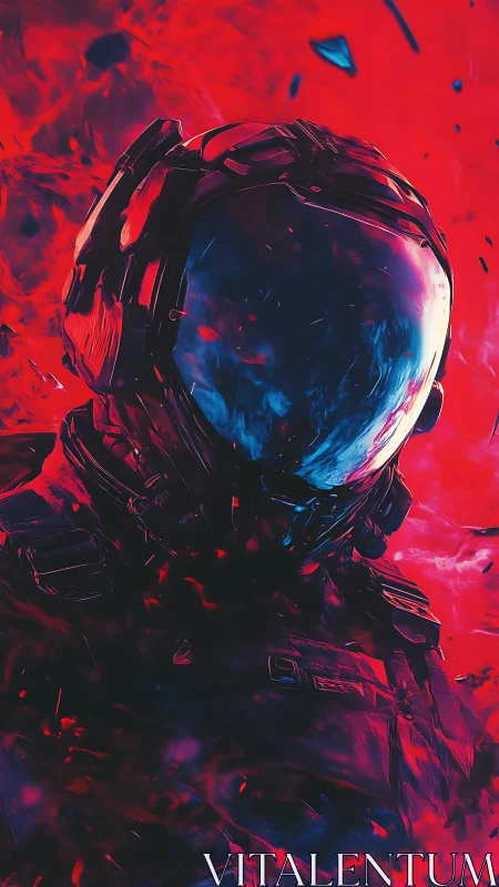 Solitary astronaut silhouette in red and blue nebular field.