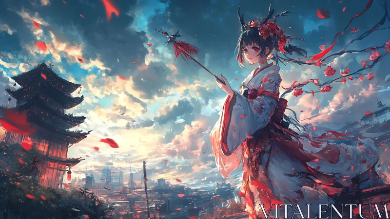Sky-bloomed shrine maiden trades petals with a city’s dawn
