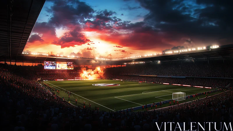 Crowded football stadium under dramatic sunset sky.