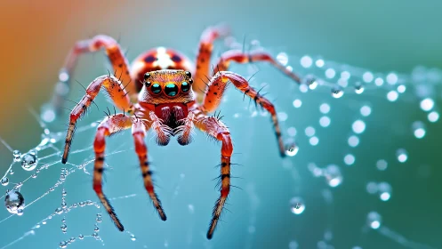 Jewel-eyed spider tiptoes through a glistening dewdrop galaxy