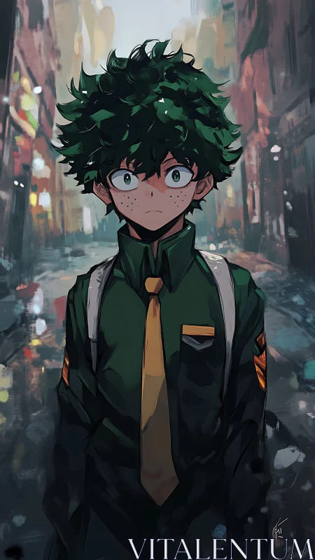 Wide eyed green haired student stands bravely in moody city street