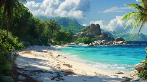Tropical island beach with turquoise water, palms, rock formations.