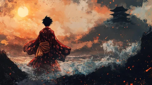 Samurai in crimson kimono confronts a stormlit sea at dusk.