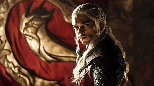 Silver haired warrior before crimson dragon sigil banner