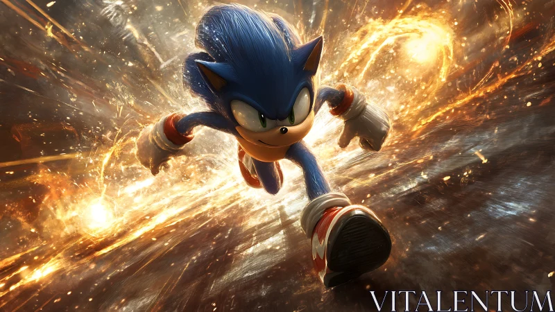 Blue speedster charges through molten light trails in motion.