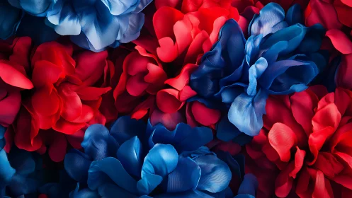 Saturated red and blue fabric florals in dense macro cluster.