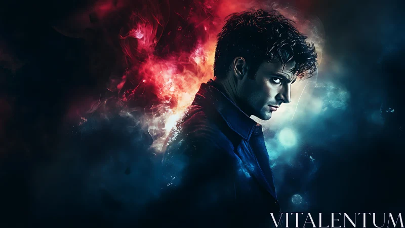 Mysterious man in glowing red and blue cosmic light.