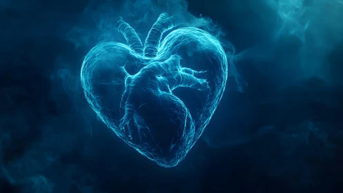 Glowing Anatomical Heart in Blue Mist, Digital Art Illustration.