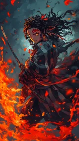 Firelit swordsman locked between storm clouds and embers.