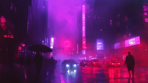 Neon-lit urban street scene shows cars and pedestrians in rain