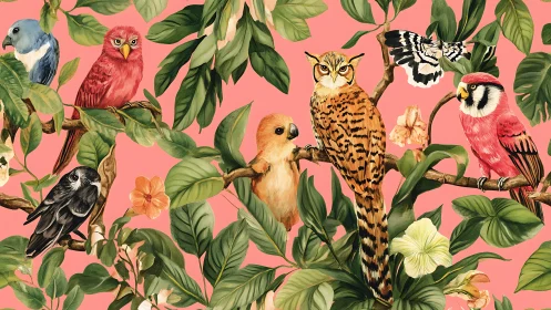 Vibrant Exotic Birds and Lush Leaves on Pink Botanical Background.