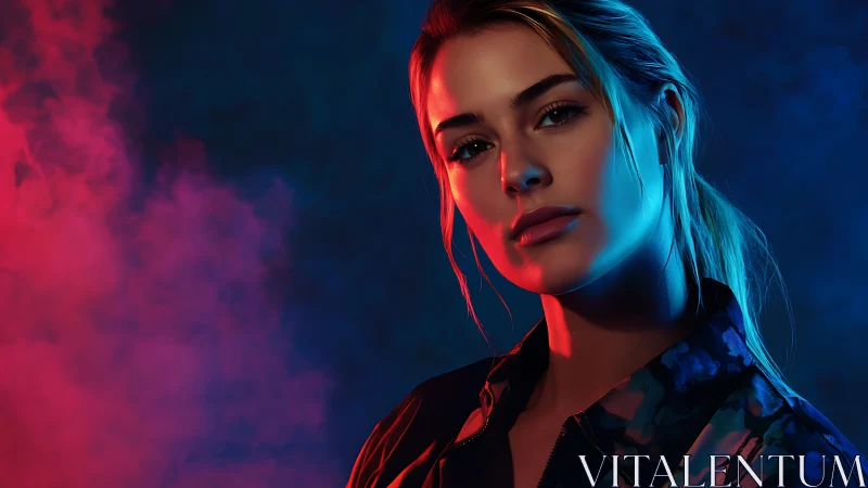 Portrait under neon bicolor lighting with moody smoke backdrop.