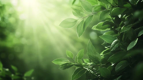 Sunlight Filtering Through Lush Green Leaves in Nature, Photorealistic Style.