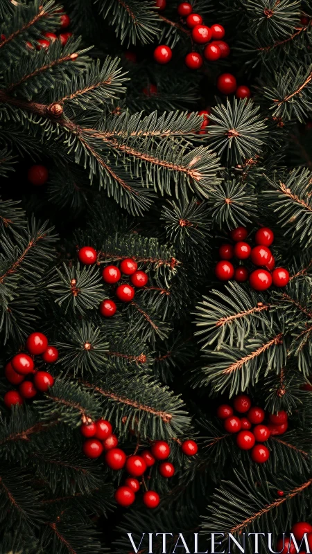 Conifer needle matrix with clustered red berry highlights.