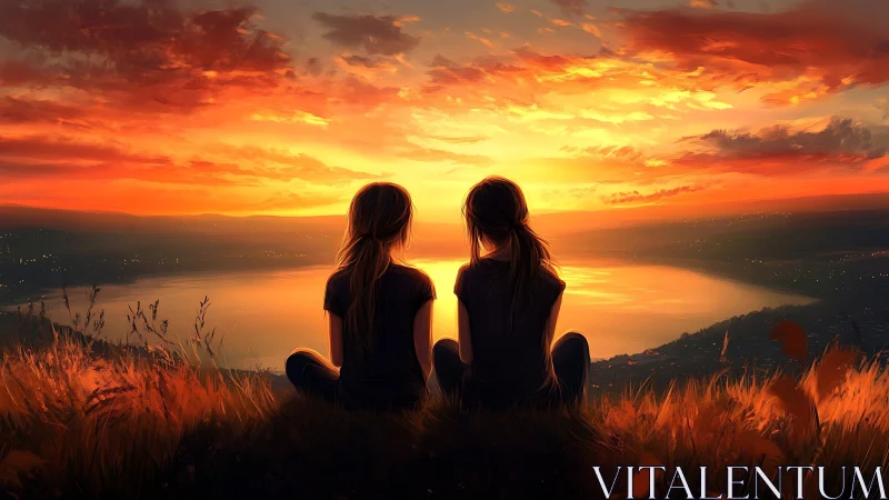 Backlit silhouettes observe panoramic lake under blazing sunset