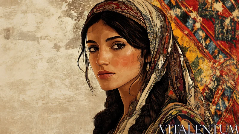 Digital portrait of woman in patterned headscarf against tapestry.