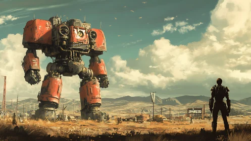 Colossal red combat mech confronting armored lone figure.