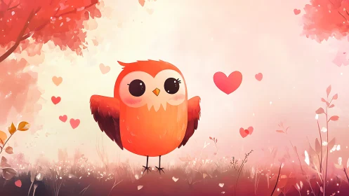 Cartoon owl in pink meadow with floating hearts illustration.