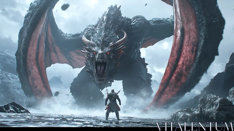 Armored warrior confronts massive winged dragon in misty valley.