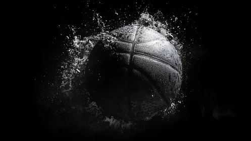 Hydrodynamic basketball impact rendered in high-contrast chiaroscuro.