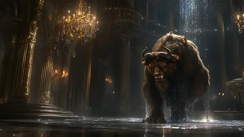 Majestic horned beast pacing through a shimmering grand hall.