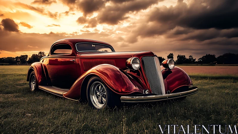 Sunset glow on a cherry red vintage cruiser in the field.