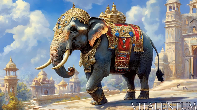 Regally adorned elephant strides through ornate palace courtyard