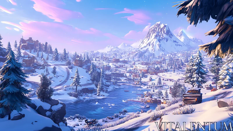 Snowbound valley hums quietly beneath candy skies of dusk