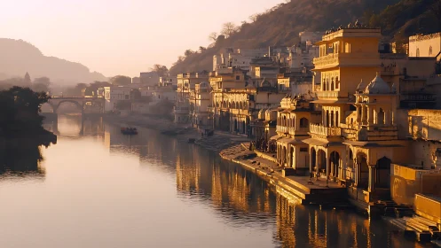 Golden riverside palaces glow under soft evening light