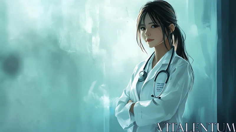 Clinical portrait of digital physician in teal diffusion field.