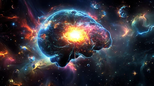 Glowing cosmic brain floating in deep colorful space.
