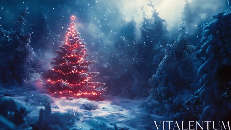 Illuminated Christmas fir contrasts against nocturnal snow forest