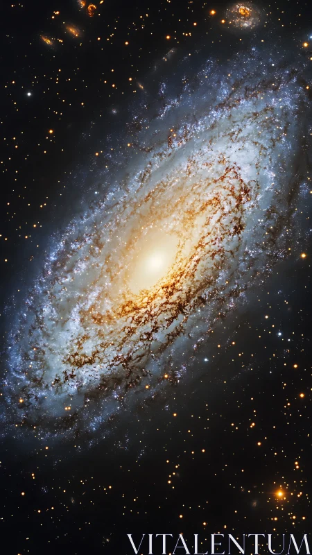 Spiral galaxy glows with golden core and dust lanes.
