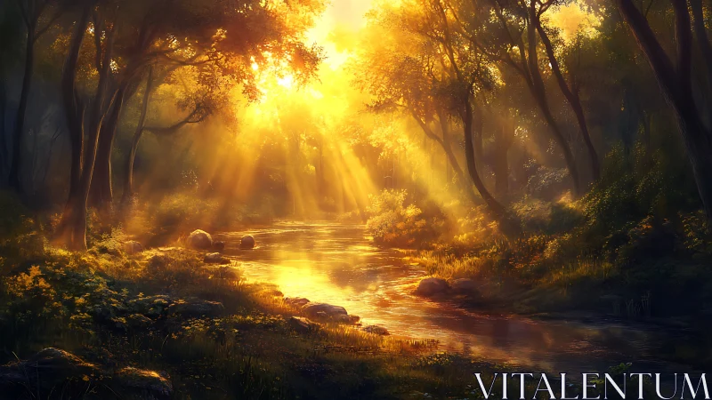 Sunlit forest stream glows beneath radiant golden canopy.