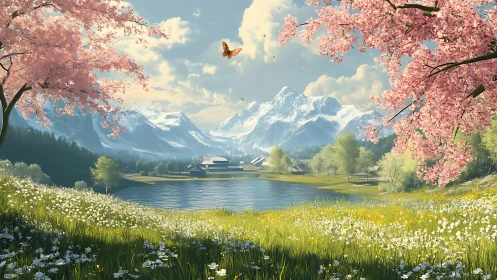 Spring alpine lake valley with cherry blossoms and chalets